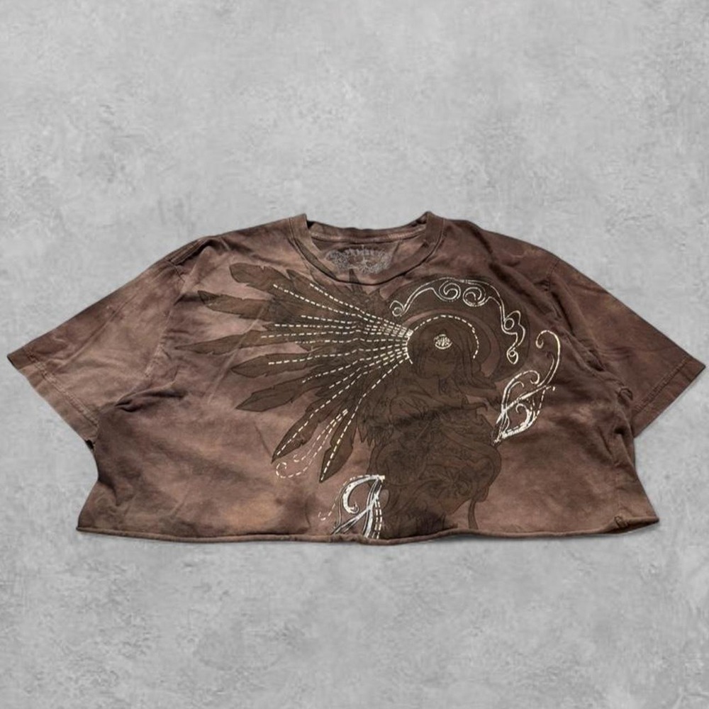 Affliction Style Fairy Grunge Crop Top Brown Y2K Goth Graphic Tee Women Large